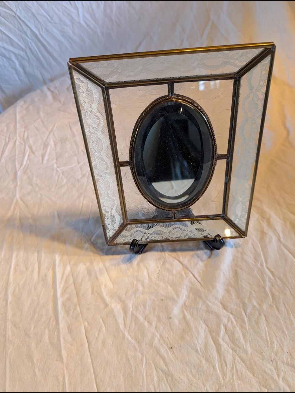 2/60$ Vintage Brass Gold Lace Beveled Glass Table Mirror